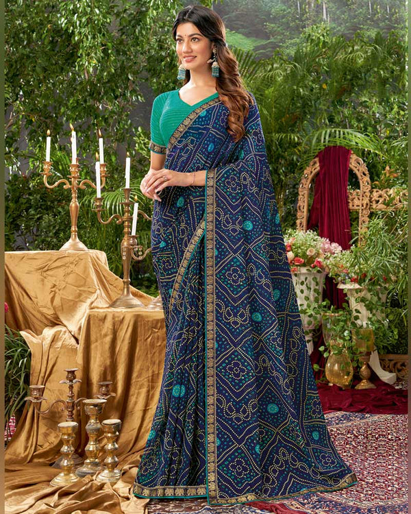 Vishal Prints Navy Blue Bandhani Print Georgette Saree With Fancy Border