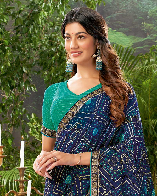 Vishal Prints Navy Blue Bandhani Print Georgette Saree With Fancy Border