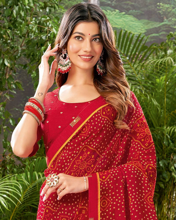 Vishal Prints Cherry Red Bandhani Print Georgette Saree With Fancy Border