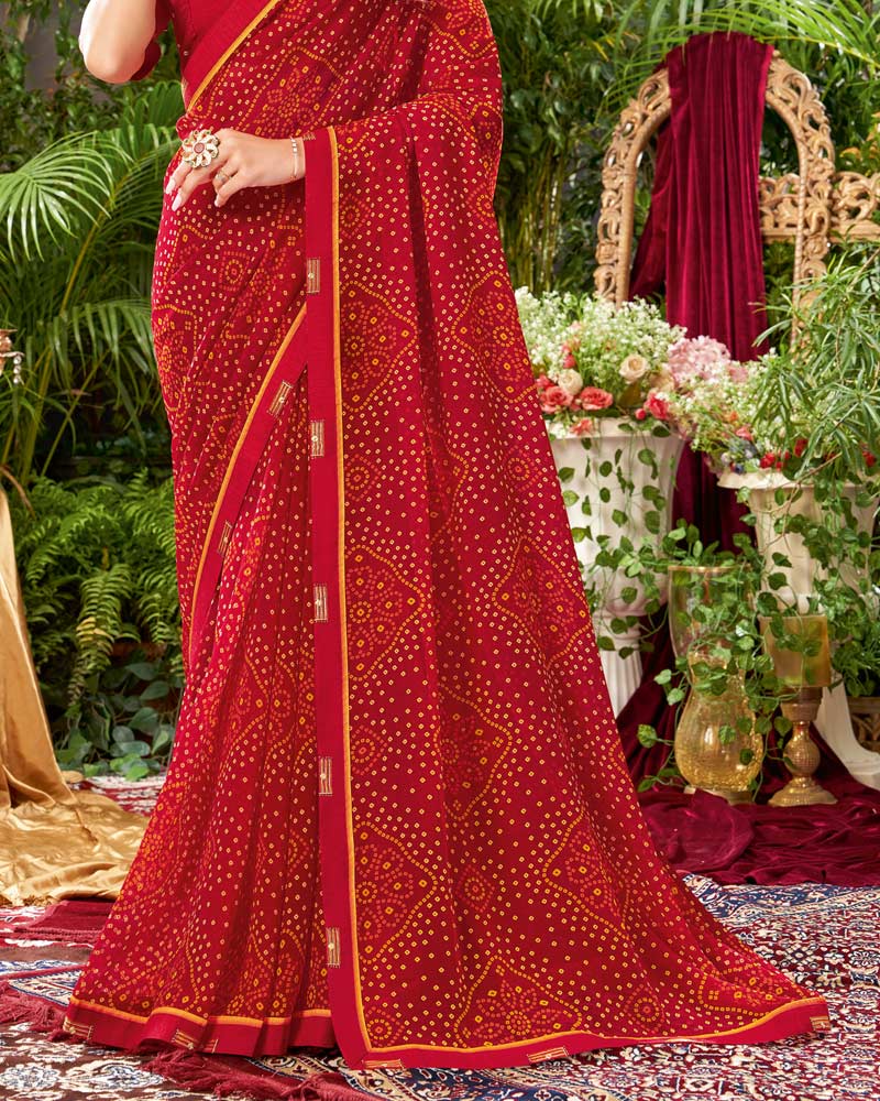 Vishal Prints Cherry Red Bandhani Print Georgette Saree With Fancy Border