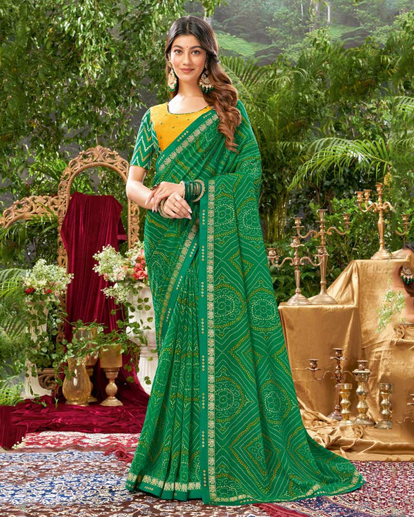Vishal Prints Jade Green Bandhani Print Georgette Saree With Fancy Border