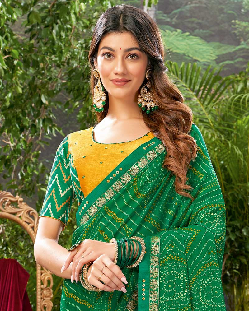 Vishal Prints Jade Green Bandhani Print Georgette Saree With Fancy Border