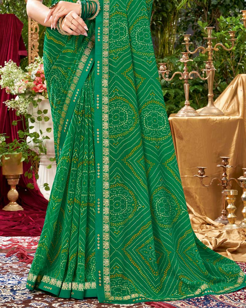 Vishal Prints Jade Green Bandhani Print Georgette Saree With Fancy Border