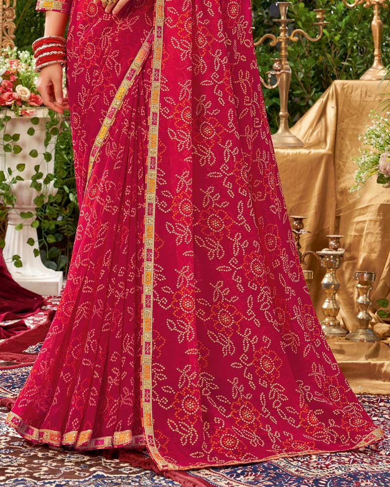 Vishal Prints Cherry Red Bandhani Print Georgette Saree With Fancy Border