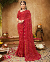 Vishal Prints Dark Red Printed Georgette Bandhani Print Saree With Fancy Border