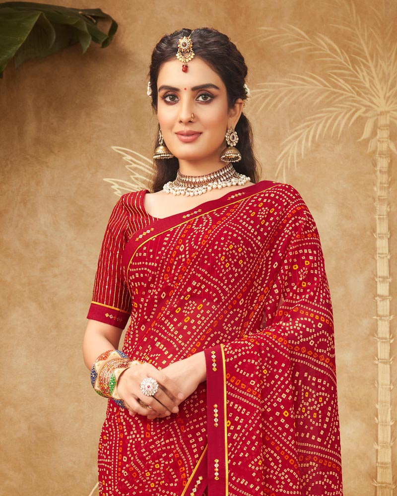Vishal Prints Dark Red Printed Georgette Bandhani Print Saree With Fancy Border