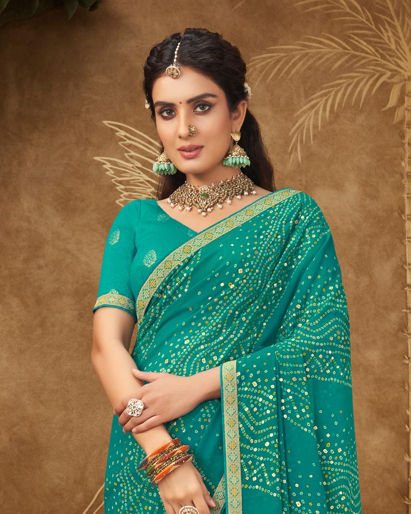 Vishal Prints Teal Green Printed Georgette Bandhani Print Saree With Foil Print And Fancy Border