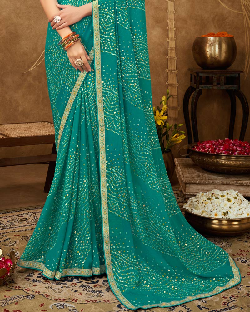 Vishal Prints Teal Green Printed Georgette Bandhani Print Saree With Foil Print And Fancy Border