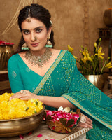 Vishal Prints Teal Green Printed Georgette Bandhani Print Saree With Foil Print And Fancy Border