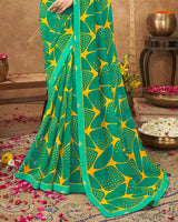 Vishal Prints Dark Mint Green Printed Georgette Bandhani Print Saree With Fancy Border