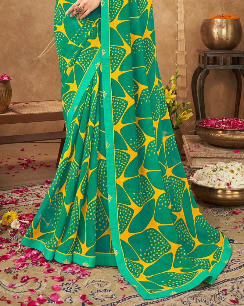 Vishal Prints Dark Mint Green Printed Georgette Bandhani Print Saree With Fancy Border