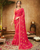 Vishal Prints Pinkish Red Printed Georgette Bandhani Print Saree With Foil Print And Fancy Border