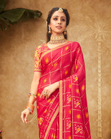 Vishal Prints Pinkish Red Printed Georgette Bandhani Print Saree With Foil Print And Fancy Border