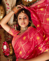 Vishal Prints Pinkish Red Printed Georgette Bandhani Print Saree With Foil Print And Fancy Border