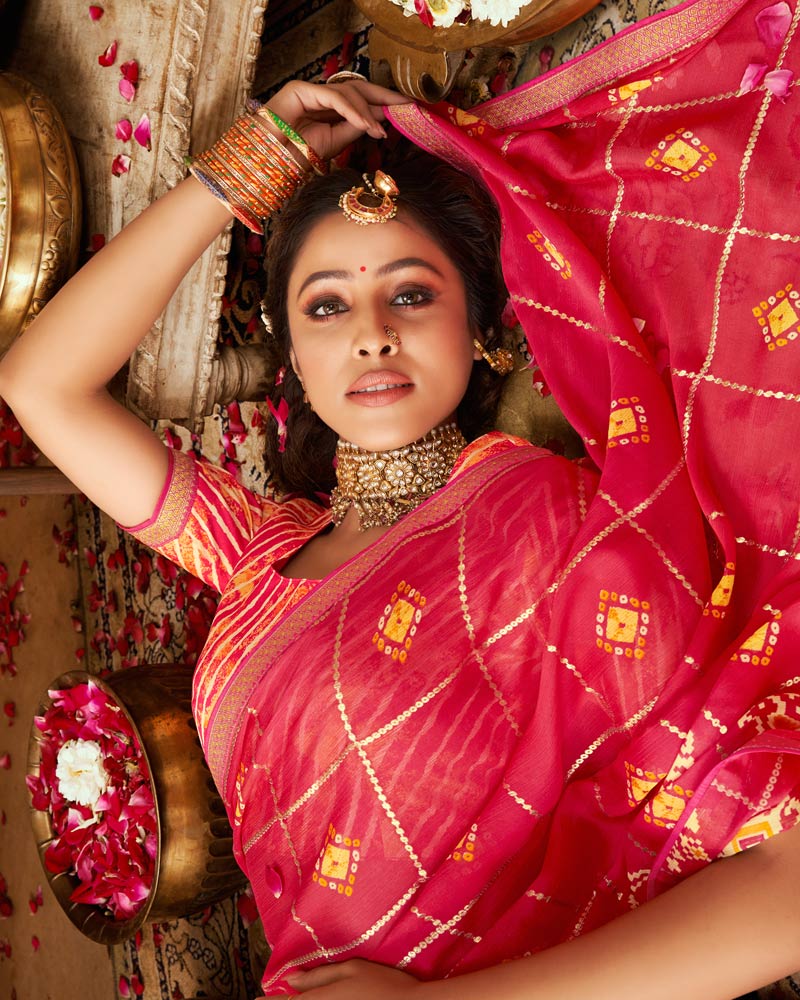 Vishal Prints Pinkish Red Printed Georgette Bandhani Print Saree With Foil Print And Fancy Border