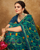 Vishal Prints Peacock Blue Printed Georgette Bandhani Print Saree With Fancy Border