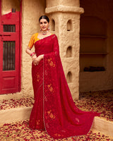 Vishal Prints Crimson Red Designer Fancy Chiffon Saree With Embroidery-Diamond Work And Cut Work Border