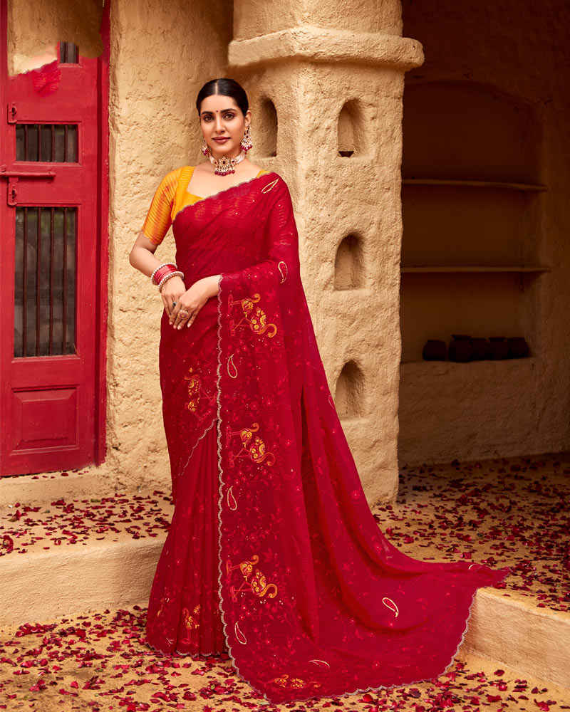 Vishal Prints Crimson Red Designer Fancy Chiffon Saree With Embroidery-Diamond Work And Cut Work Border