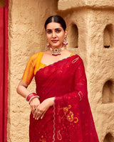 Vishal Prints Crimson Red Designer Fancy Chiffon Saree With Embroidery-Diamond Work And Cut Work Border