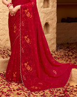 Vishal Prints Crimson Red Designer Fancy Chiffon Saree With Embroidery-Diamond Work And Cut Work Border