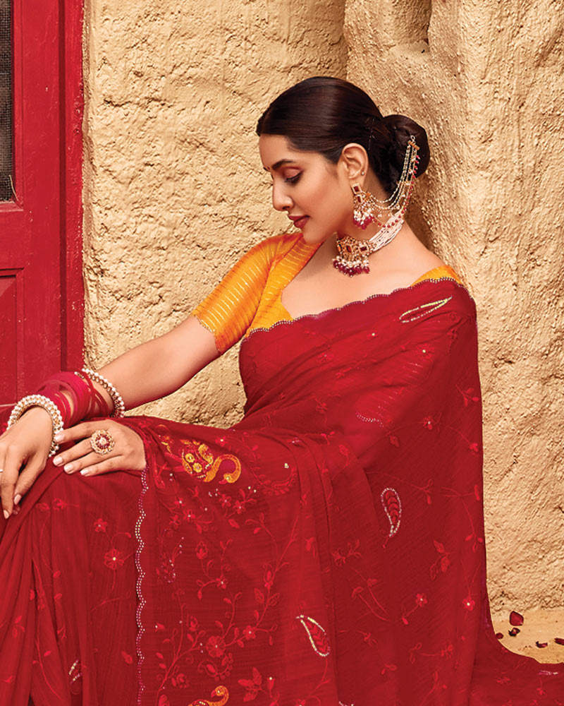 Vishal Prints Crimson Red Designer Fancy Chiffon Saree With Embroidery-Diamond Work And Cut Work Border