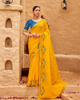 Vishal Prints Golden Yellow Designer Fancy Chiffon Saree With Embroidery-Diamond Work And Border