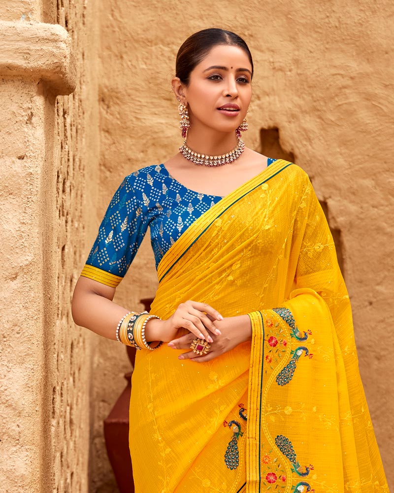 Vishal Prints Golden Yellow Designer Fancy Chiffon Saree With Embroidery-Diamond Work And Border