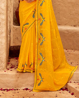 Vishal Prints Golden Yellow Designer Fancy Chiffon Saree With Embroidery-Diamond Work And Border