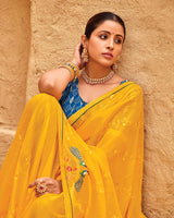Vishal Prints Golden Yellow Designer Fancy Chiffon Saree With Embroidery-Diamond Work And Border