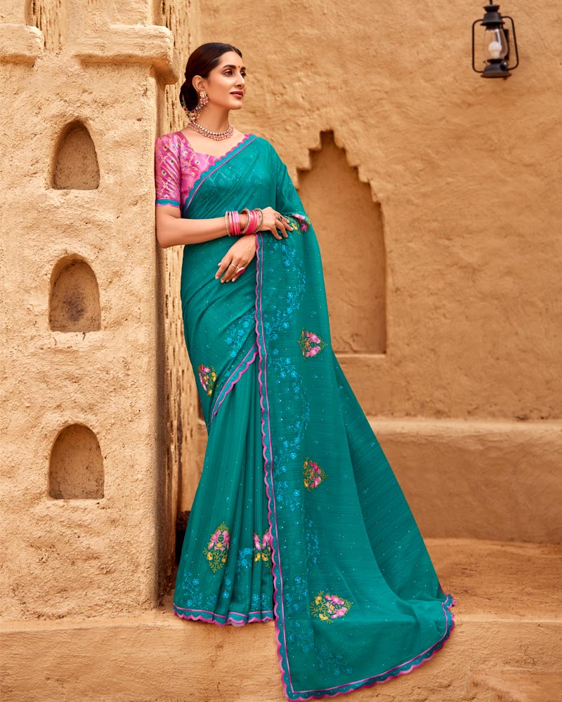 Vishal Prints Deep Aqua Green Designer Fancy Chiffon Saree With Embroidery-Diamond Work And Cut Work Border