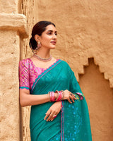 Vishal Prints Deep Aqua Green Designer Fancy Chiffon Saree With Embroidery-Diamond Work And Cut Work Border