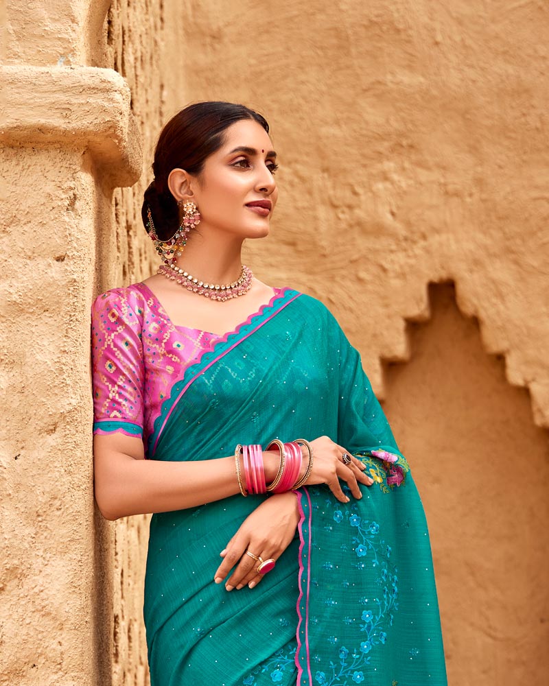 Vishal Prints Deep Aqua Green Designer Fancy Chiffon Saree With Embroidery-Diamond Work And Cut Work Border