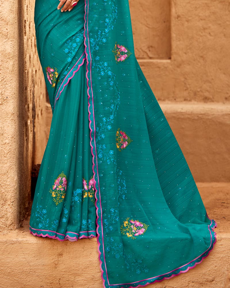 Vishal Prints Deep Aqua Green Designer Fancy Chiffon Saree With Embroidery-Diamond Work And Cut Work Border