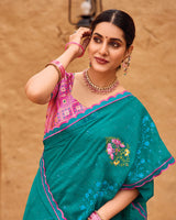 Vishal Prints Deep Aqua Green Designer Fancy Chiffon Saree With Embroidery-Diamond Work And Cut Work Border