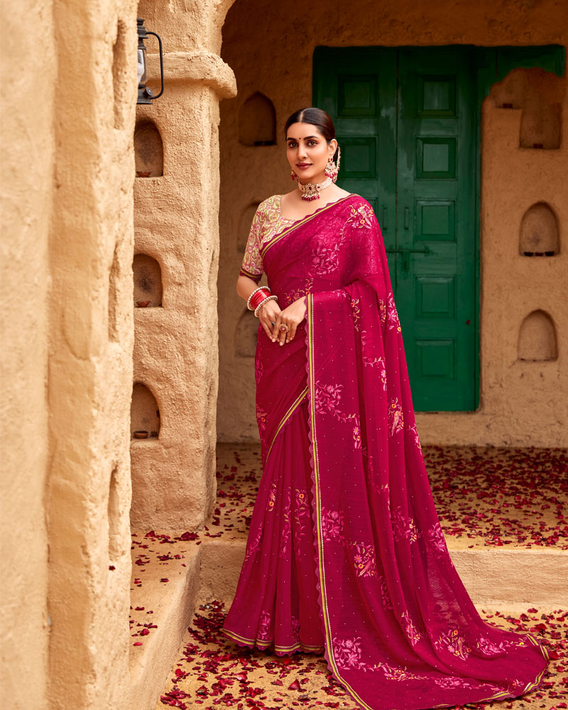 Vishal Prints Purple Red Designer Fancy Chiffon Saree With Embroidery-Diamond Work And Cut Work Border