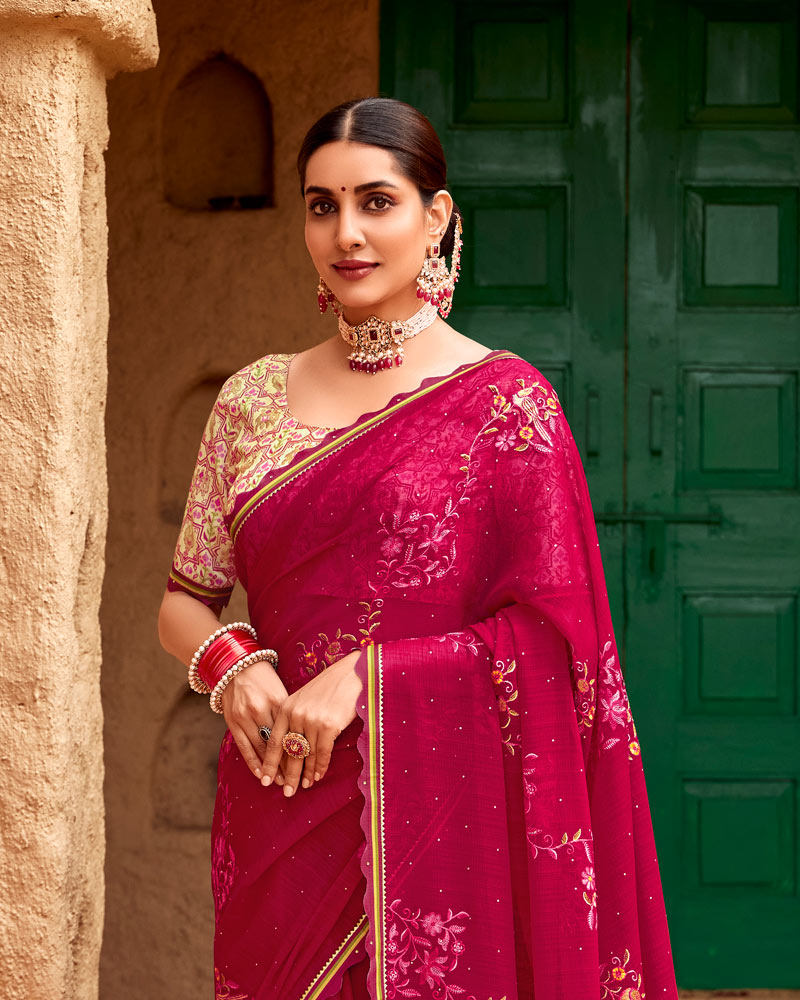 Vishal Prints Purple Red Designer Fancy Chiffon Saree With Embroidery-Diamond Work And Cut Work Border