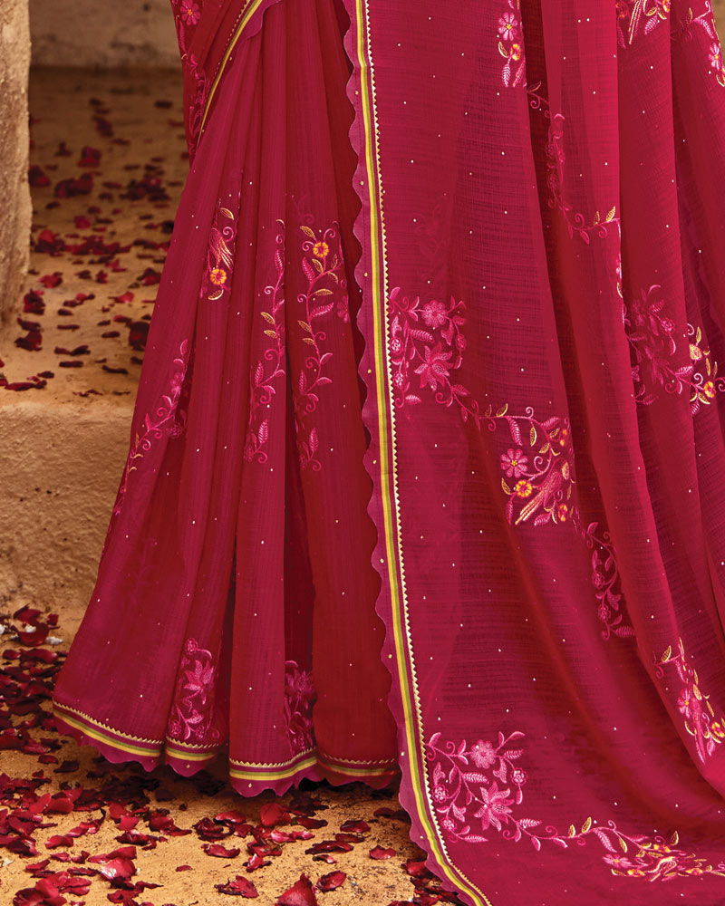 Vishal Prints Purple Red Designer Fancy Chiffon Saree With Embroidery-Diamond Work And Cut Work Border