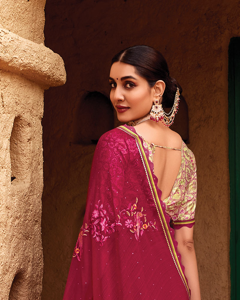 Vishal Prints Purple Red Designer Fancy Chiffon Saree With Embroidery-Diamond Work And Cut Work Border