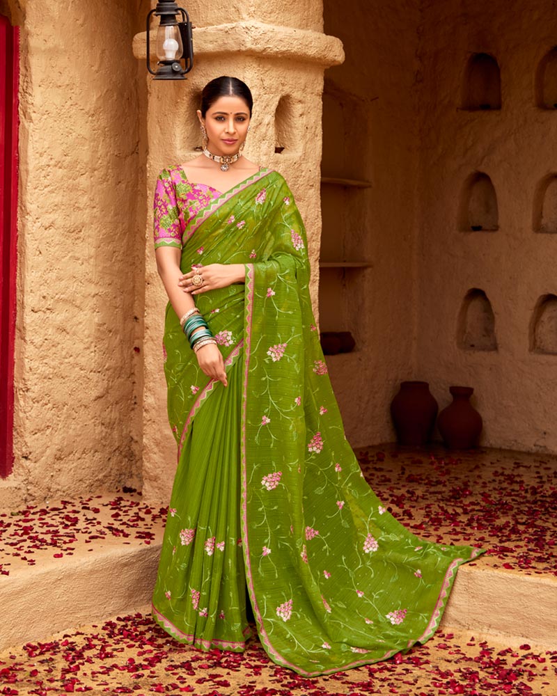 Vishal Prints Olive Green Designer Fancy Chiffon Saree With Embroidery-Diamond Work And Border