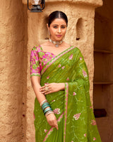 Vishal Prints Olive Green Designer Fancy Chiffon Saree With Embroidery-Diamond Work And Border