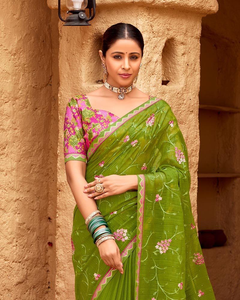 Vishal Prints Olive Green Designer Fancy Chiffon Saree With Embroidery-Diamond Work And Border