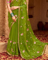 Vishal Prints Olive Green Designer Fancy Chiffon Saree With Embroidery-Diamond Work And Border
