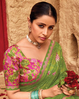 Vishal Prints Olive Green Designer Fancy Chiffon Saree With Embroidery-Diamond Work And Border