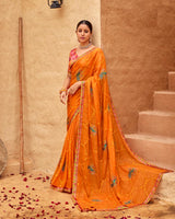 Vishal Prints Deep Orange Designer Fancy Chiffon Saree With Embroidery-Diamond Work And Border