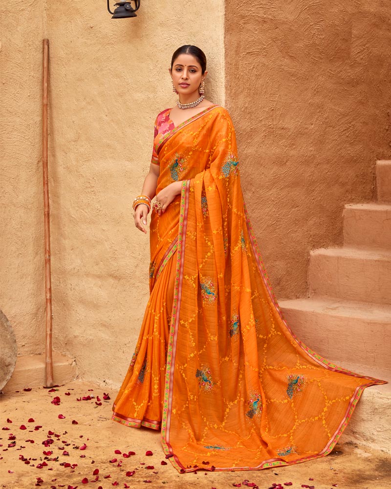 Vishal Prints Deep Orange Designer Fancy Chiffon Saree With Embroidery-Diamond Work And Border