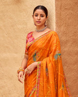 Vishal Prints Deep Orange Designer Fancy Chiffon Saree With Embroidery-Diamond Work And Border