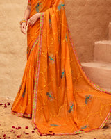Vishal Prints Deep Orange Designer Fancy Chiffon Saree With Embroidery-Diamond Work And Border