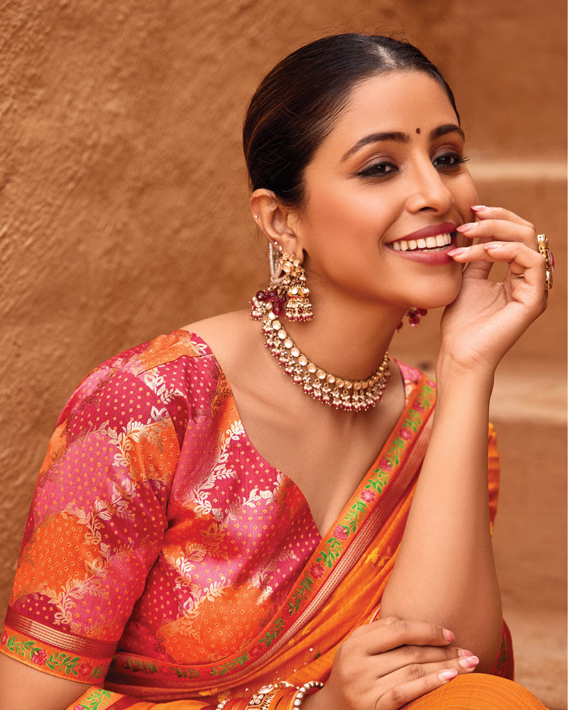 Vishal Prints Deep Orange Designer Fancy Chiffon Saree With Embroidery-Diamond Work And Border