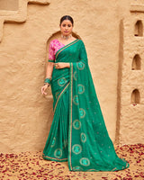 Vishal Prints Tropical Green Designer Fancy Chiffon Saree With Embroidery-Diamond Work And Border