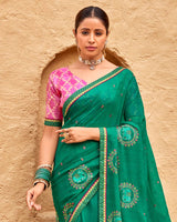 Vishal Prints Tropical Green Designer Fancy Chiffon Saree With Embroidery-Diamond Work And Border